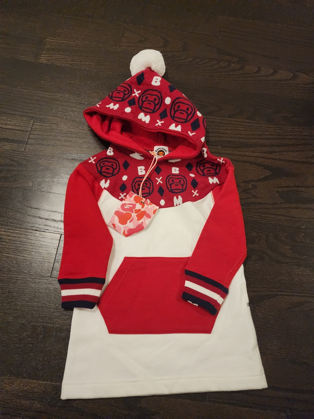 Girls Red and White Hooded Casual Dress with Pom Trim